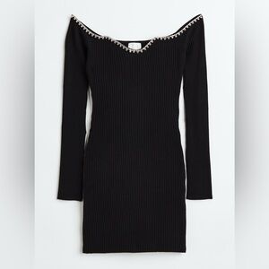 H&M Black Long Sleeve Dress with Embellished Neckline